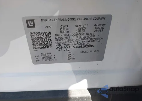 2021 Chevrolet Equinox Awd 2Fl из США, поврежденный, VIN 2GNAXTEV4M6102606